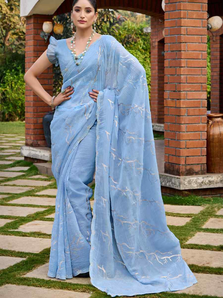 Sky Blue Crunchy Silk Embroidered Bridesmaid Reception Heavy Border Saree