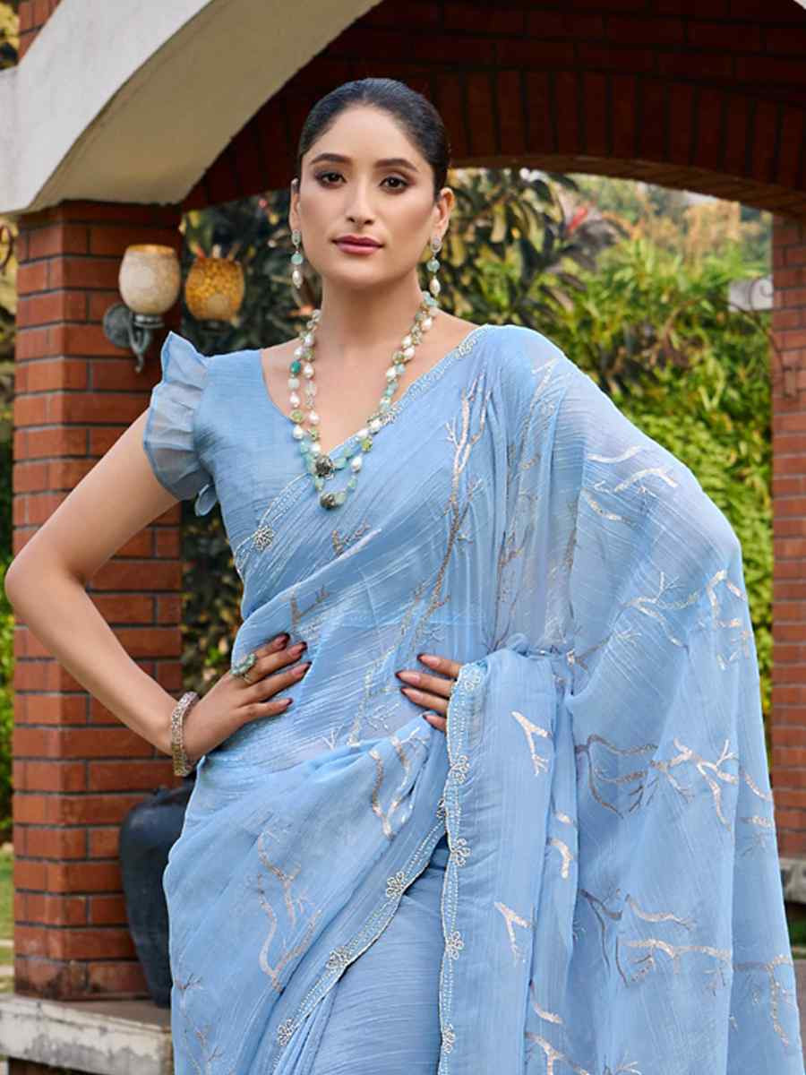 Sky Blue Crunchy Silk Embroidered Bridesmaid Reception Heavy Border Saree