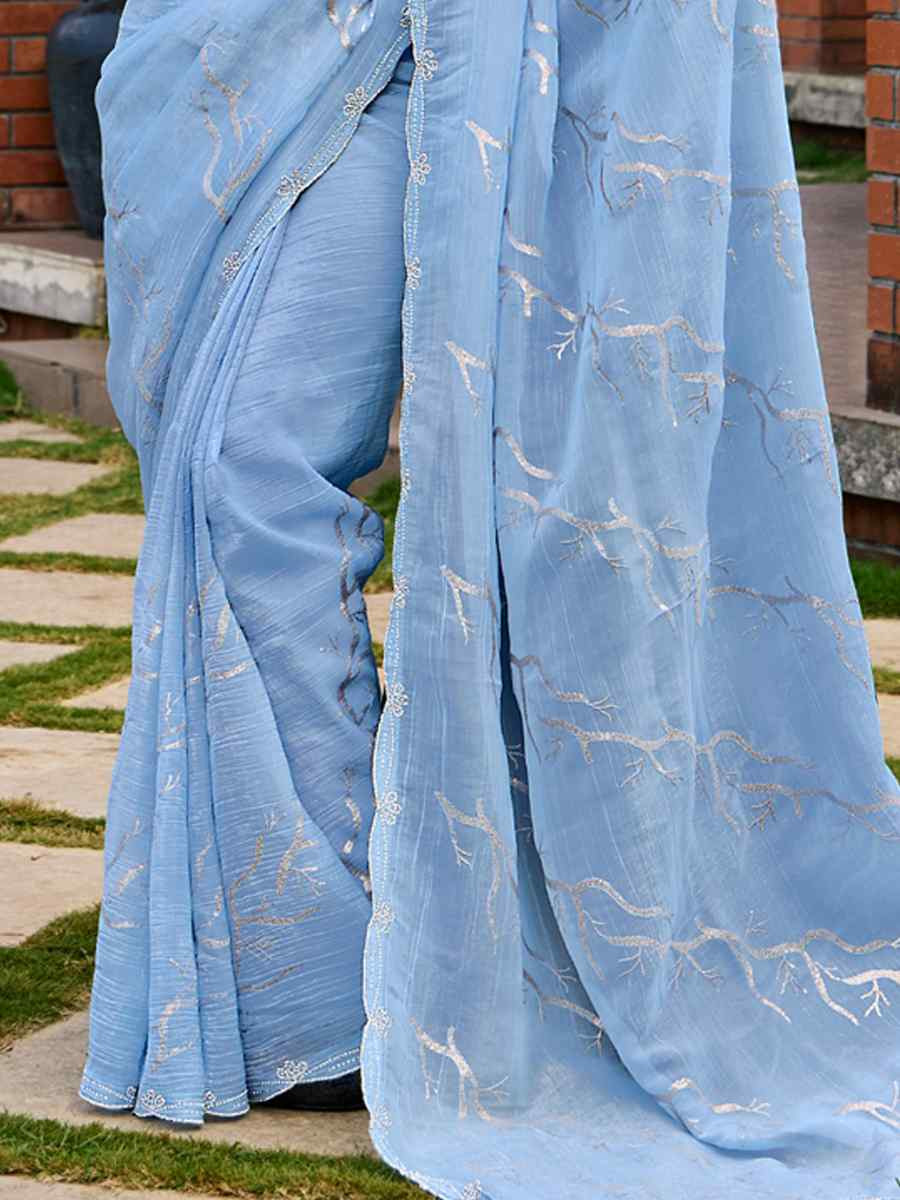 Sky Blue Crunchy Silk Embroidered Bridesmaid Reception Heavy Border Saree