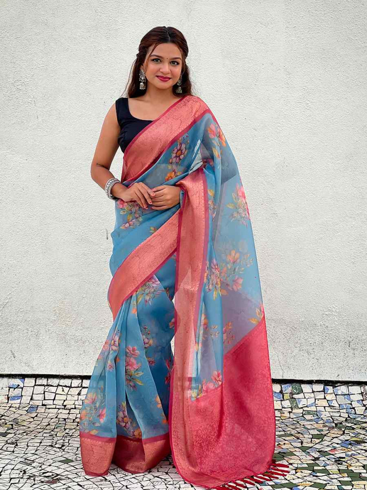 Sky Blue Crush Tissue Handwoven Festival Casual Heavy Border Saree