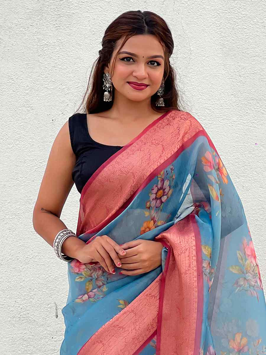 Sky Blue Crush Tissue Handwoven Festival Casual Heavy Border Saree