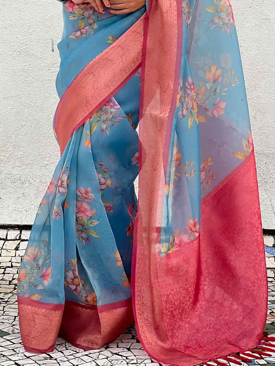 Sky Blue Crush Tissue Handwoven Festival Casual Heavy Border Saree