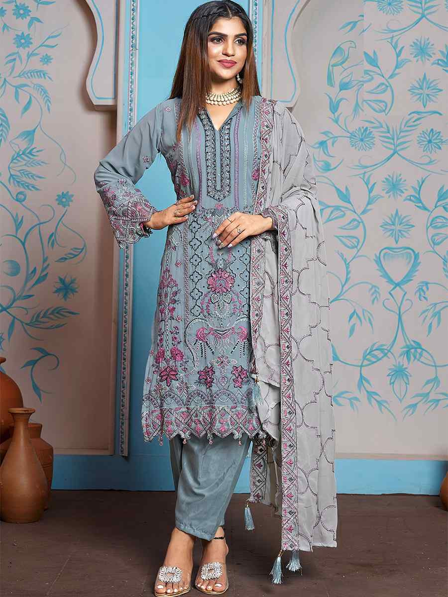 Sky Blue Faux Georgette Embroidered Festival Casual Pant Salwar Kameez