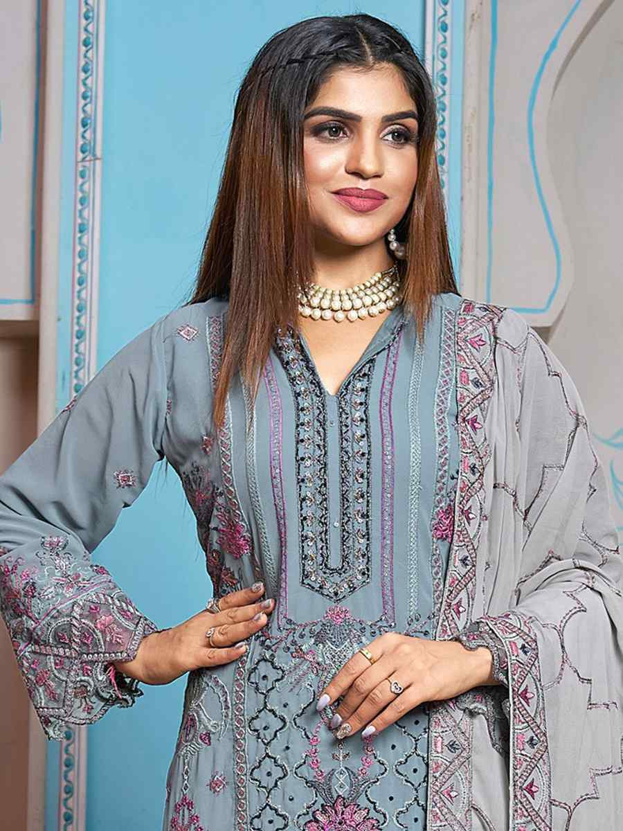 Sky Blue Faux Georgette Embroidered Festival Casual Pant Salwar Kameez