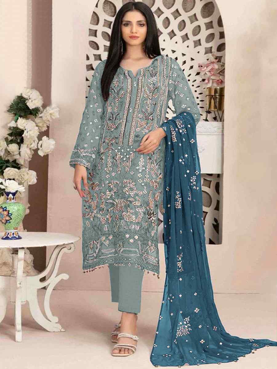 Sky Blue Faux Georgette Embroidered Festival Casual Pant Salwar Kameez