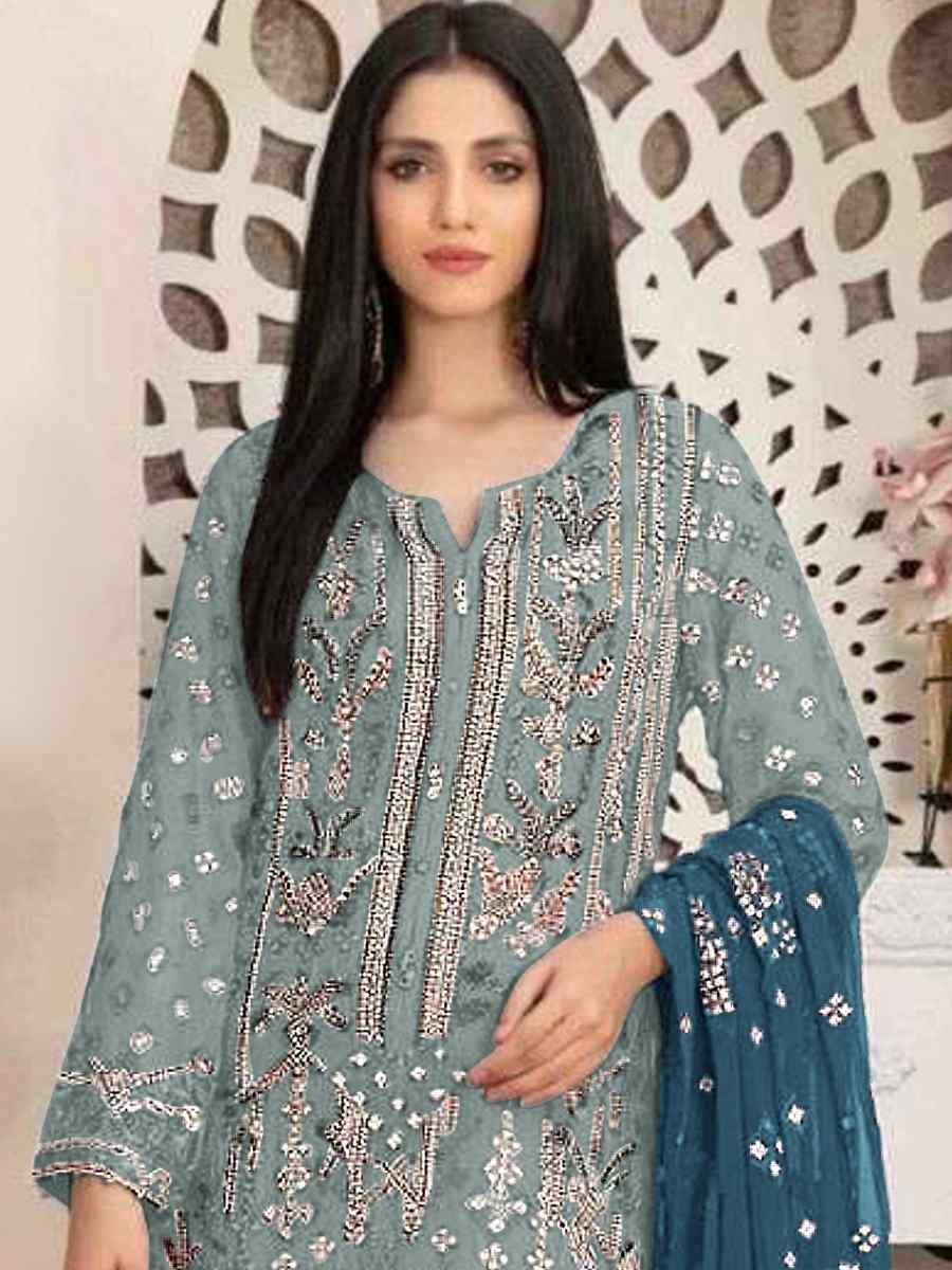 Sky Blue Faux Georgette Embroidered Festival Casual Pant Salwar Kameez