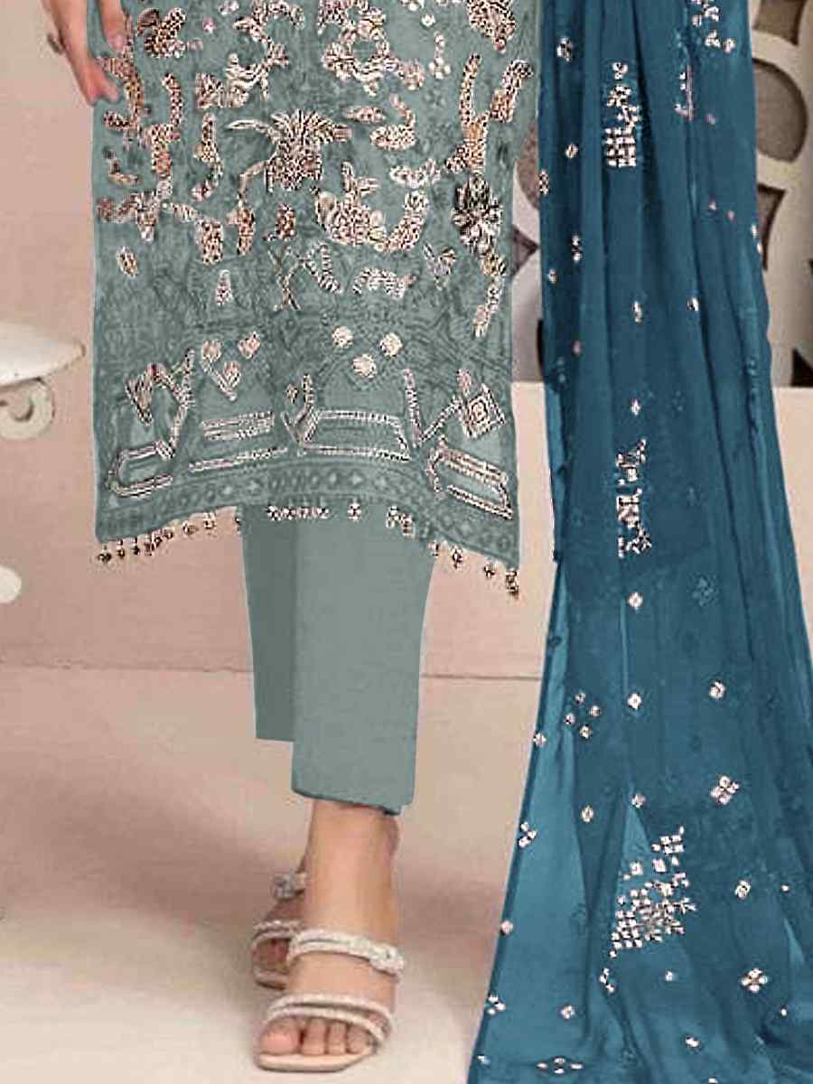 Sky Blue Faux Georgette Embroidered Festival Casual Pant Salwar Kameez