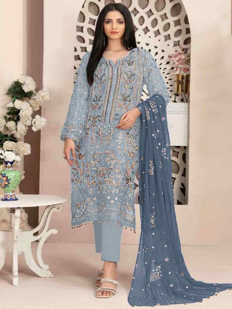 Sky Blue Faux Georgette Embroidered Festival Casual Pant Salwar Kameez