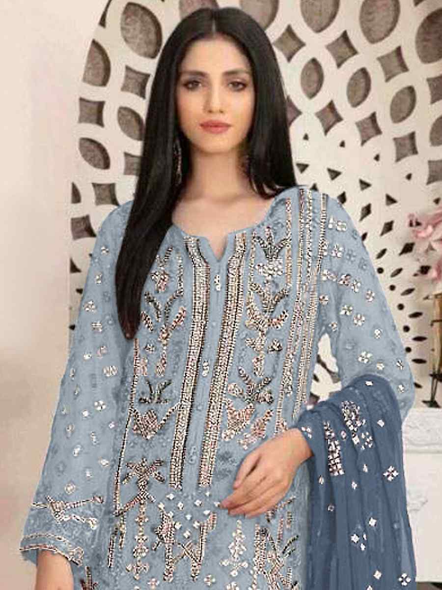 Sky Blue Faux Georgette Embroidered Festival Casual Pant Salwar Kameez