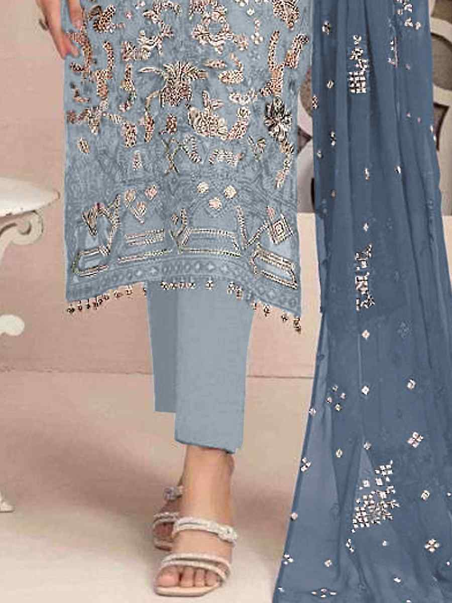 Sky Blue Faux Georgette Embroidered Festival Casual Pant Salwar Kameez