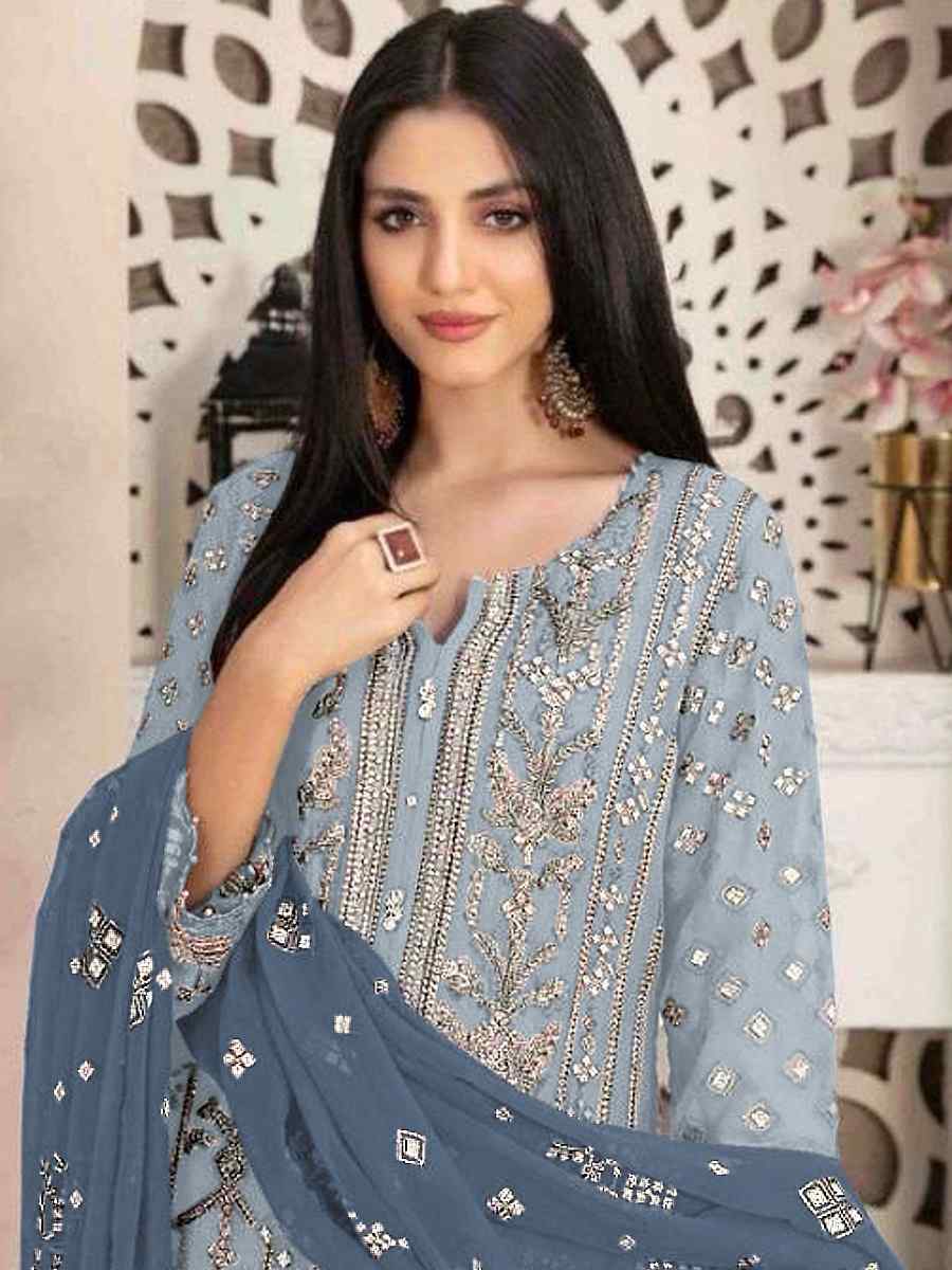 Sky Blue Faux Georgette Embroidered Festival Casual Pant Salwar Kameez