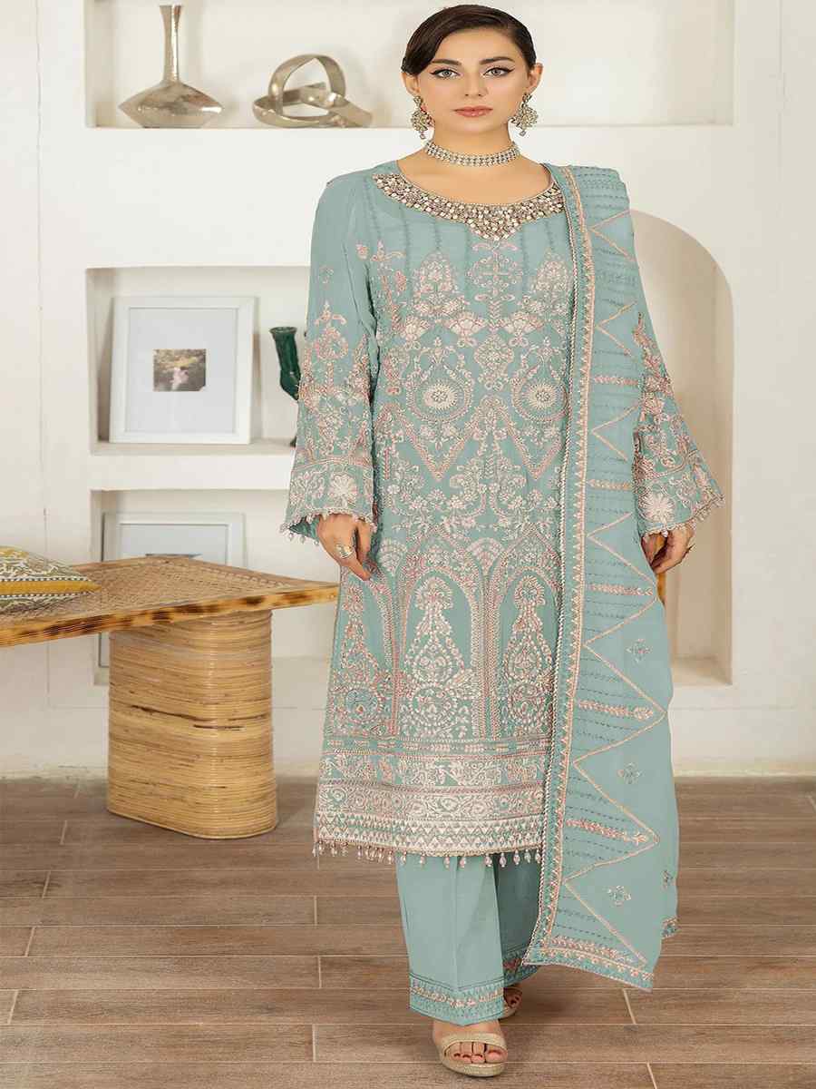 Sky Blue Faux Georgette Embroidered Festival Mehendi Pant Salwar Kameez