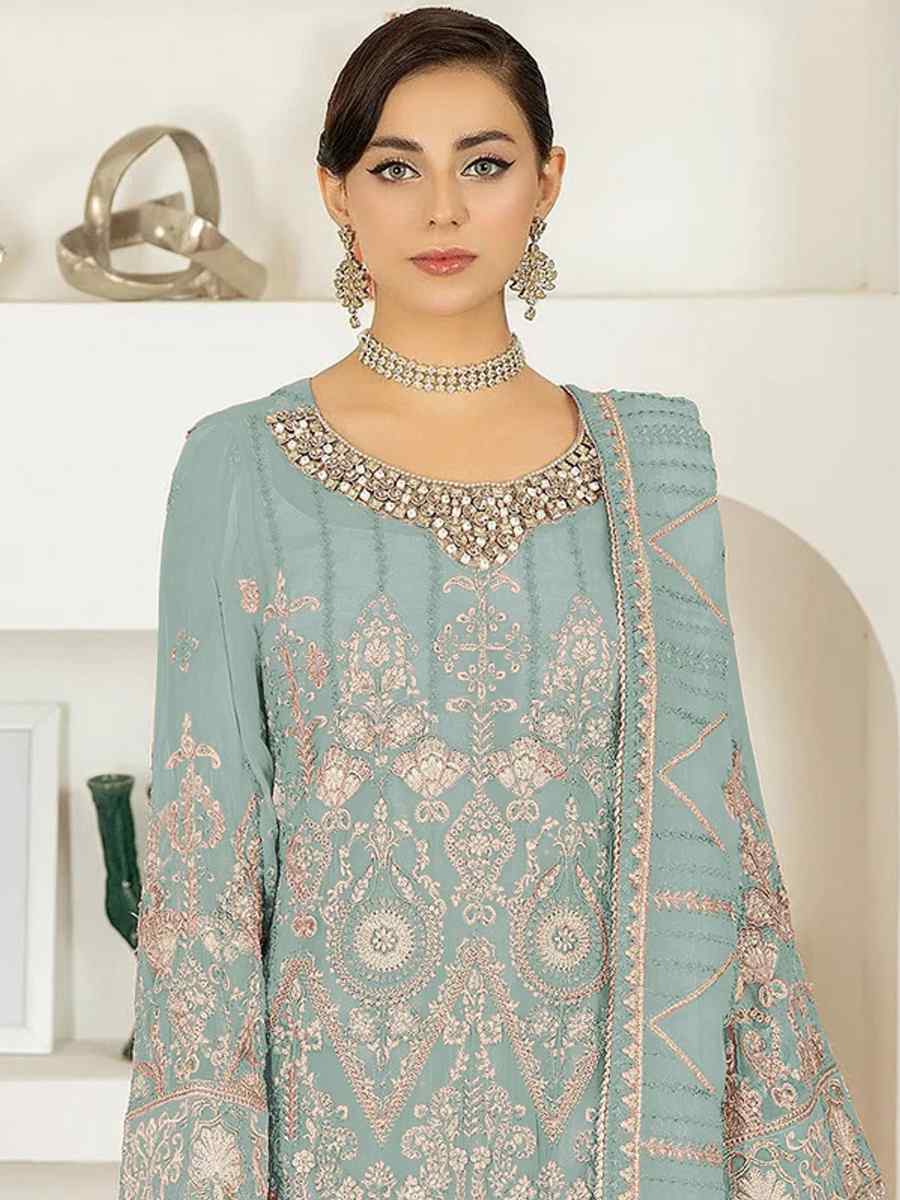 Sky Blue Faux Georgette Embroidered Festival Mehendi Pant Salwar Kameez