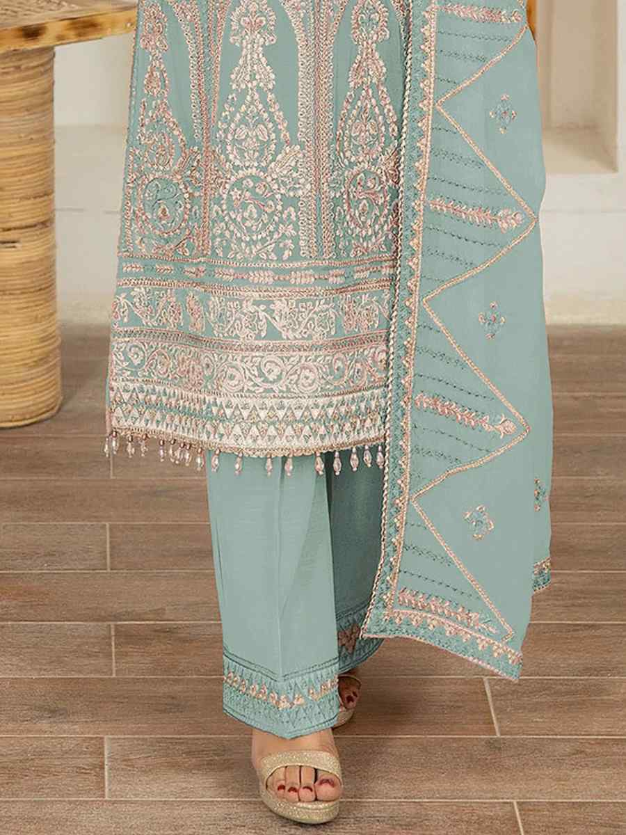 Sky Blue Faux Georgette Embroidered Festival Mehendi Pant Salwar Kameez