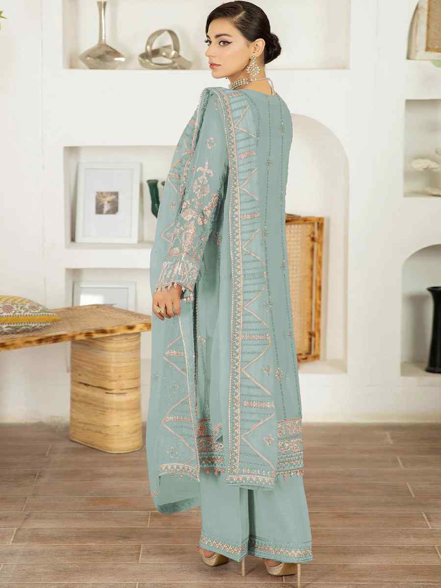 Sky Blue Faux Georgette Embroidered Festival Mehendi Pant Salwar Kameez