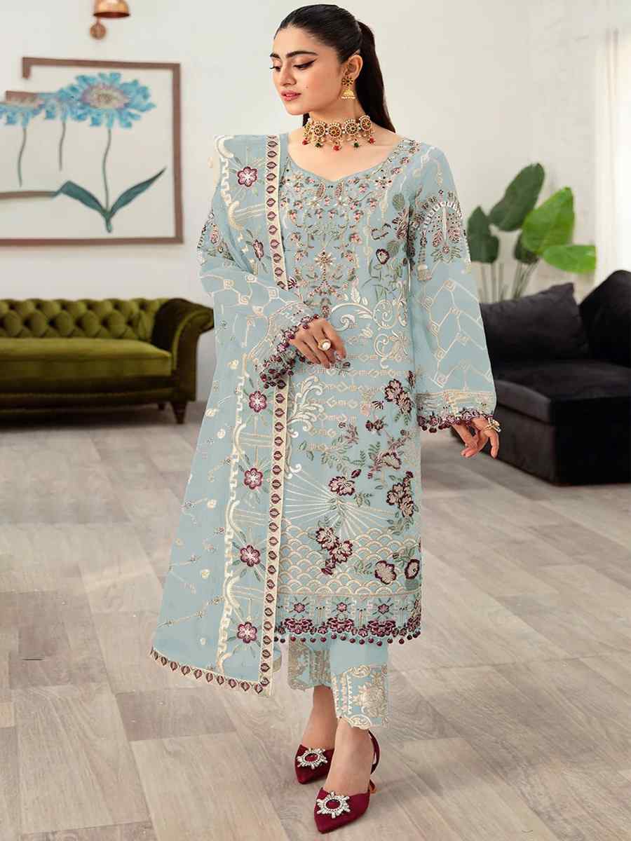 Sky Blue Faux Georgette Embroidered Festival Mehendi Pant Salwar Kameez