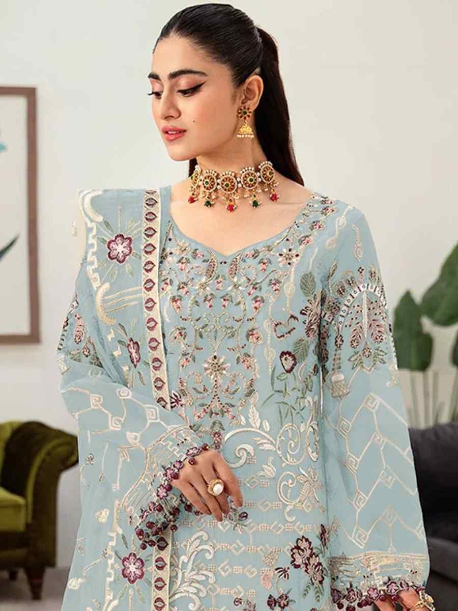 Sky Blue Faux Georgette Embroidered Festival Mehendi Pant Salwar Kameez