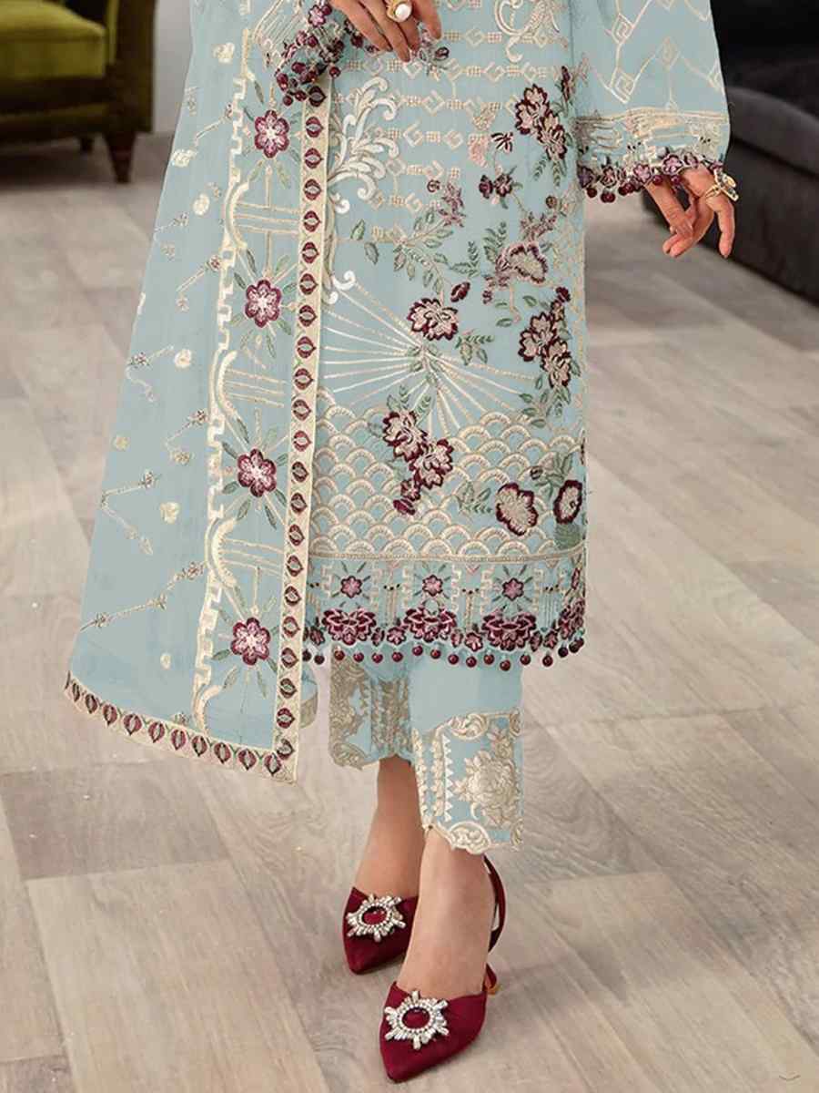 Sky Blue Faux Georgette Embroidered Festival Mehendi Pant Salwar Kameez