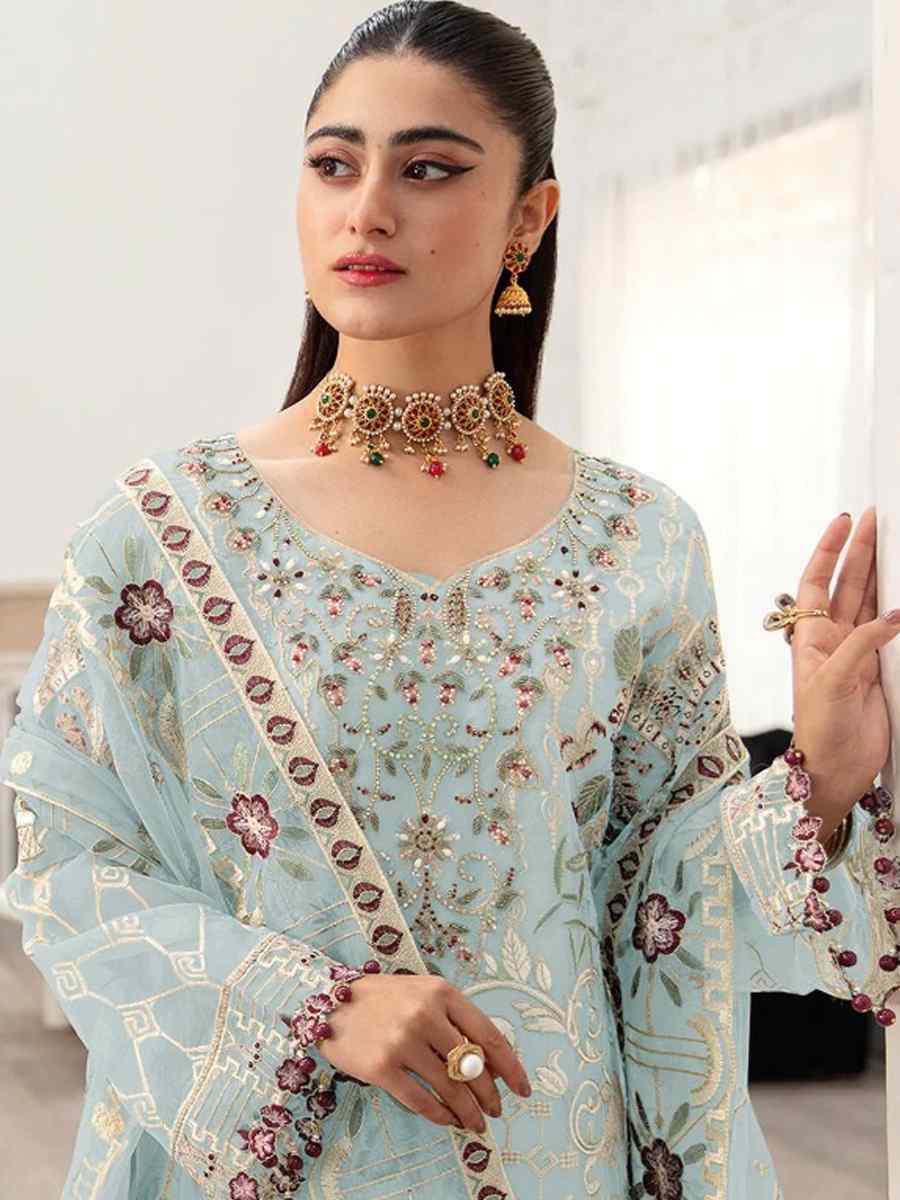 Sky Blue Faux Georgette Embroidered Festival Mehendi Pant Salwar Kameez