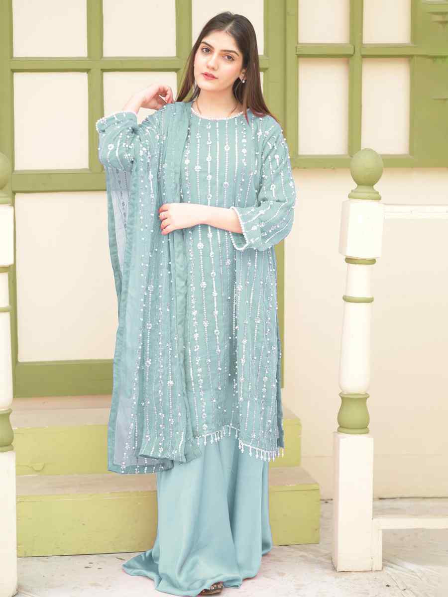 Sky Blue Faux Georgette Embroidered Festival Wedding Palazzo Pant Ready Salwar Kameez