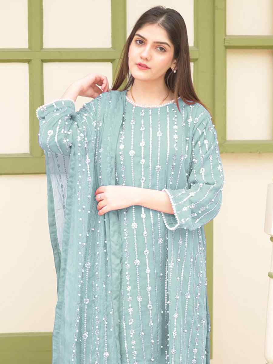 Sky Blue Faux Georgette Embroidered Festival Wedding Palazzo Pant Ready Salwar Kameez