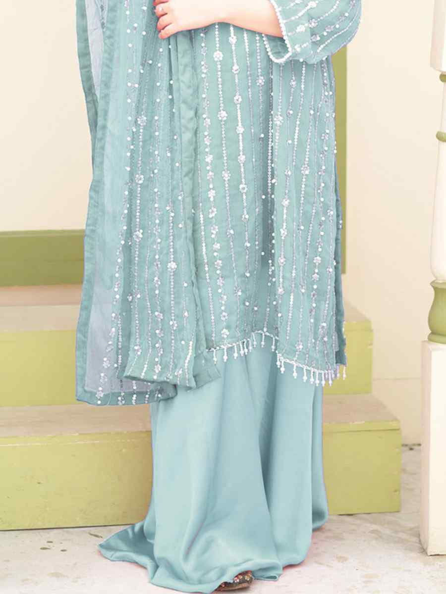 Sky Blue Faux Georgette Embroidered Festival Wedding Palazzo Pant Ready Salwar Kameez