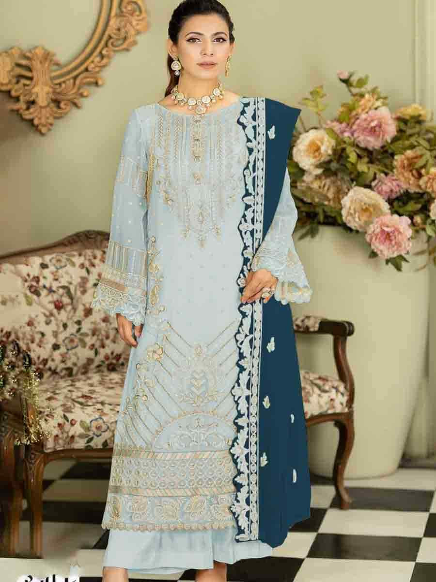 Sky Blue Faux Georgette Embroidered Festival Wedding Palazzo Pant Salwar Kameez