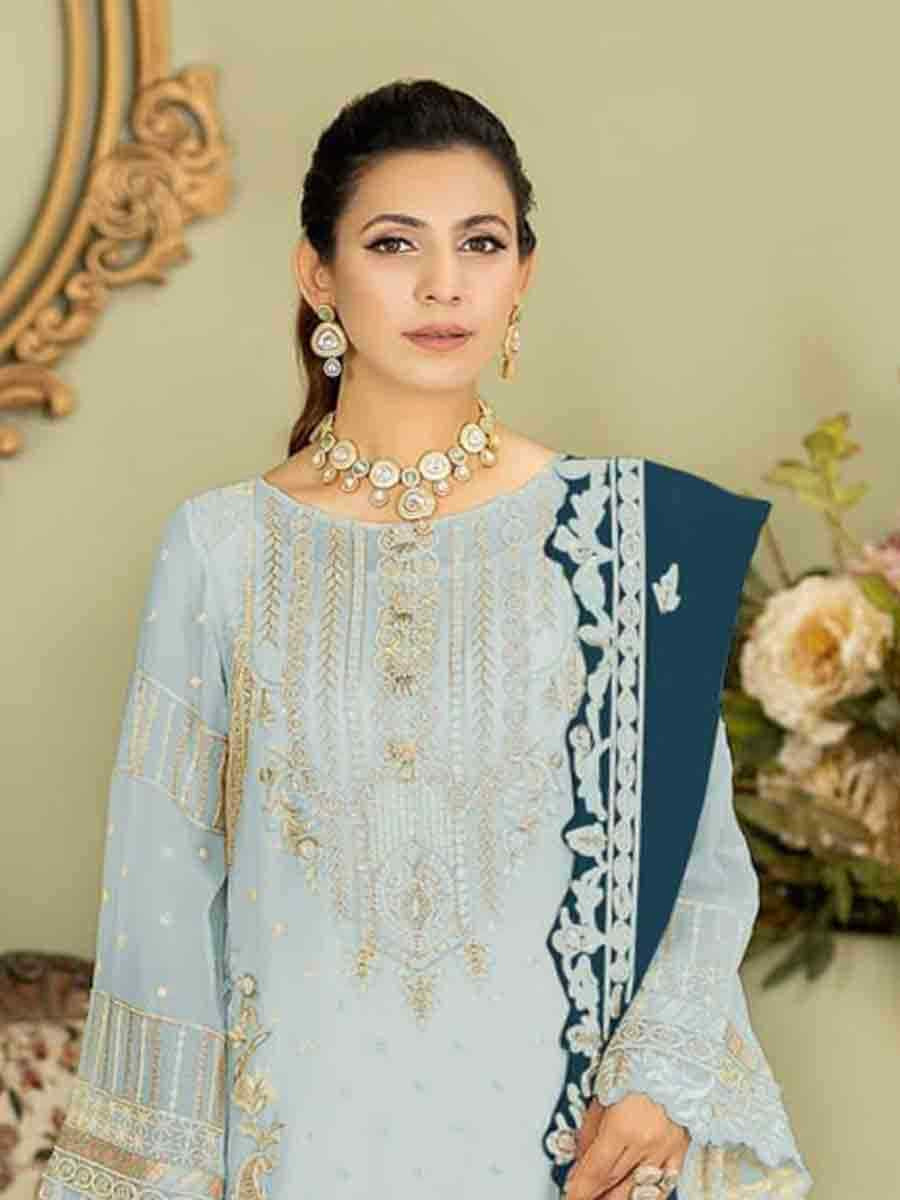 Sky Blue Faux Georgette Embroidered Festival Wedding Palazzo Pant Salwar Kameez