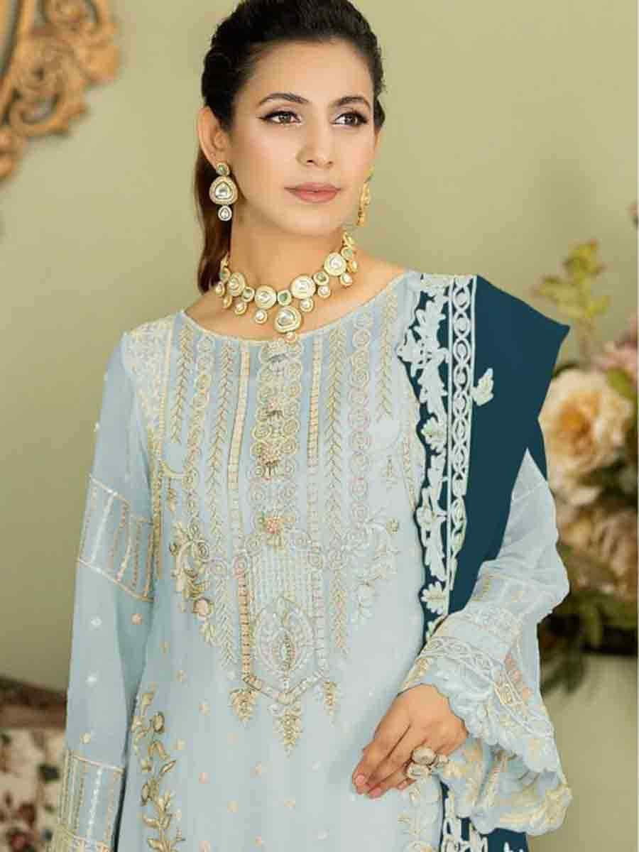 Sky Blue Faux Georgette Embroidered Festival Wedding Palazzo Pant Salwar Kameez