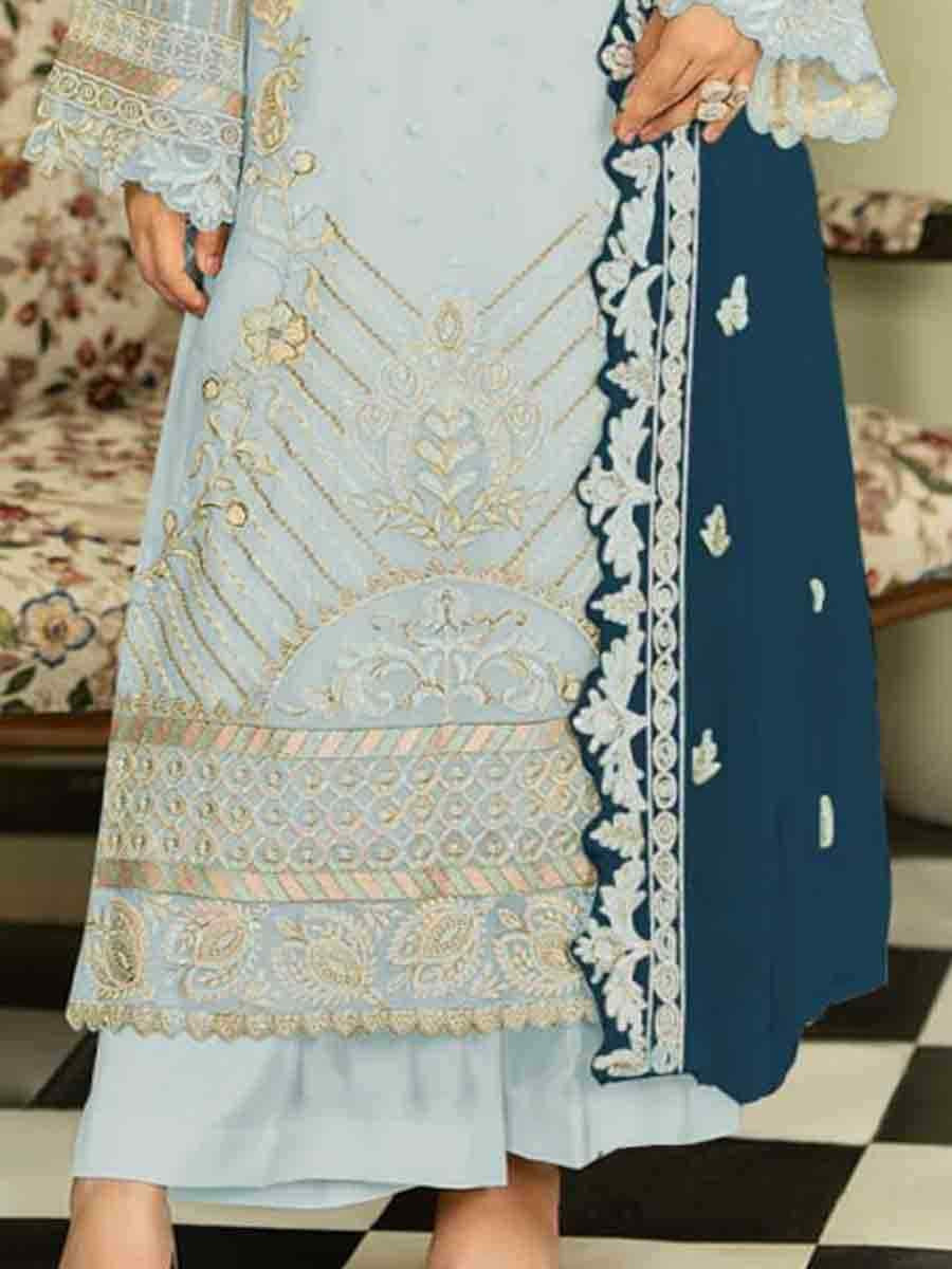 Sky Blue Faux Georgette Embroidered Festival Wedding Palazzo Pant Salwar Kameez