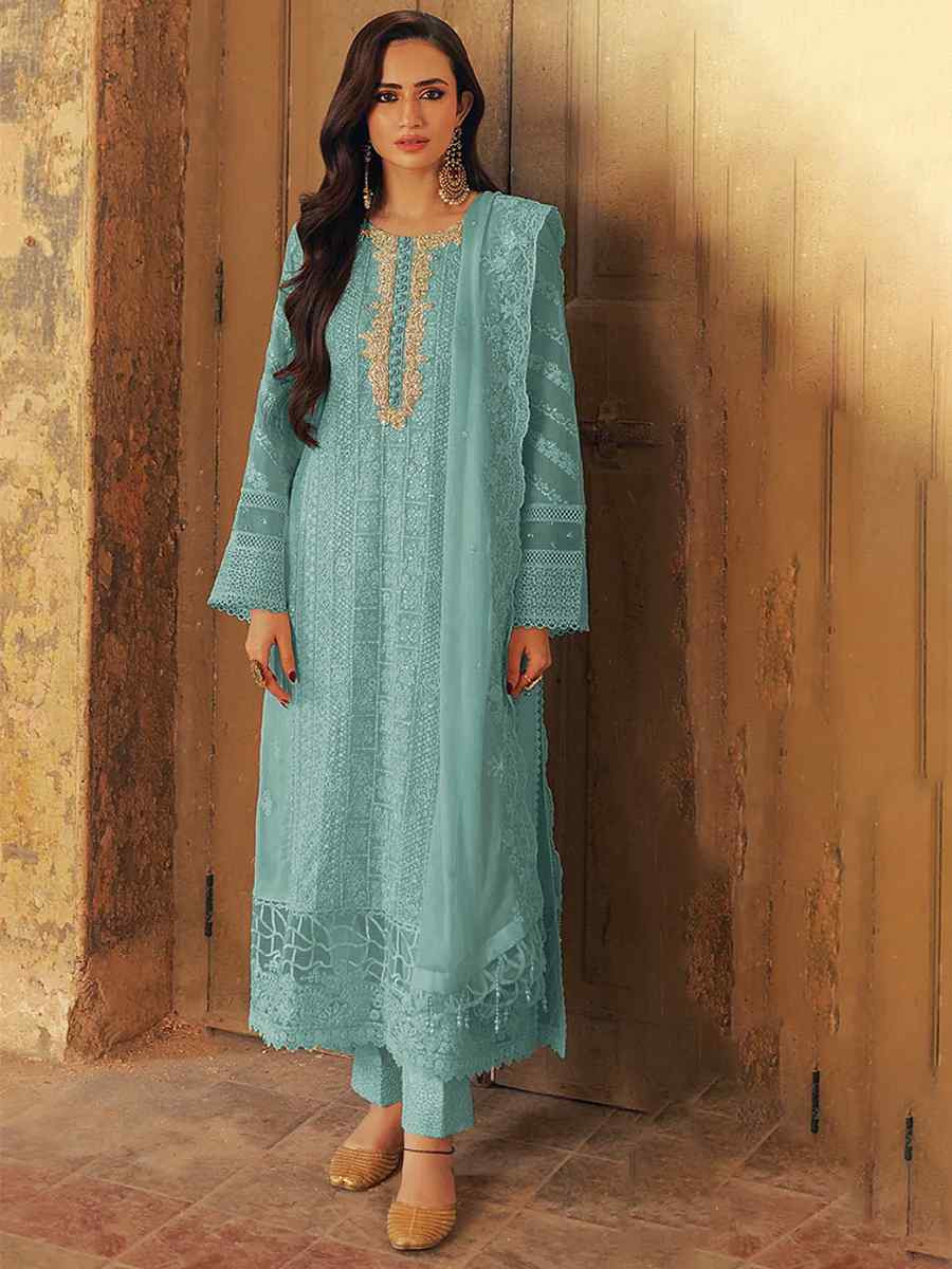 Sky Blue Faux Georgette Embroidered Festival Wedding Pant Salwar Kameez