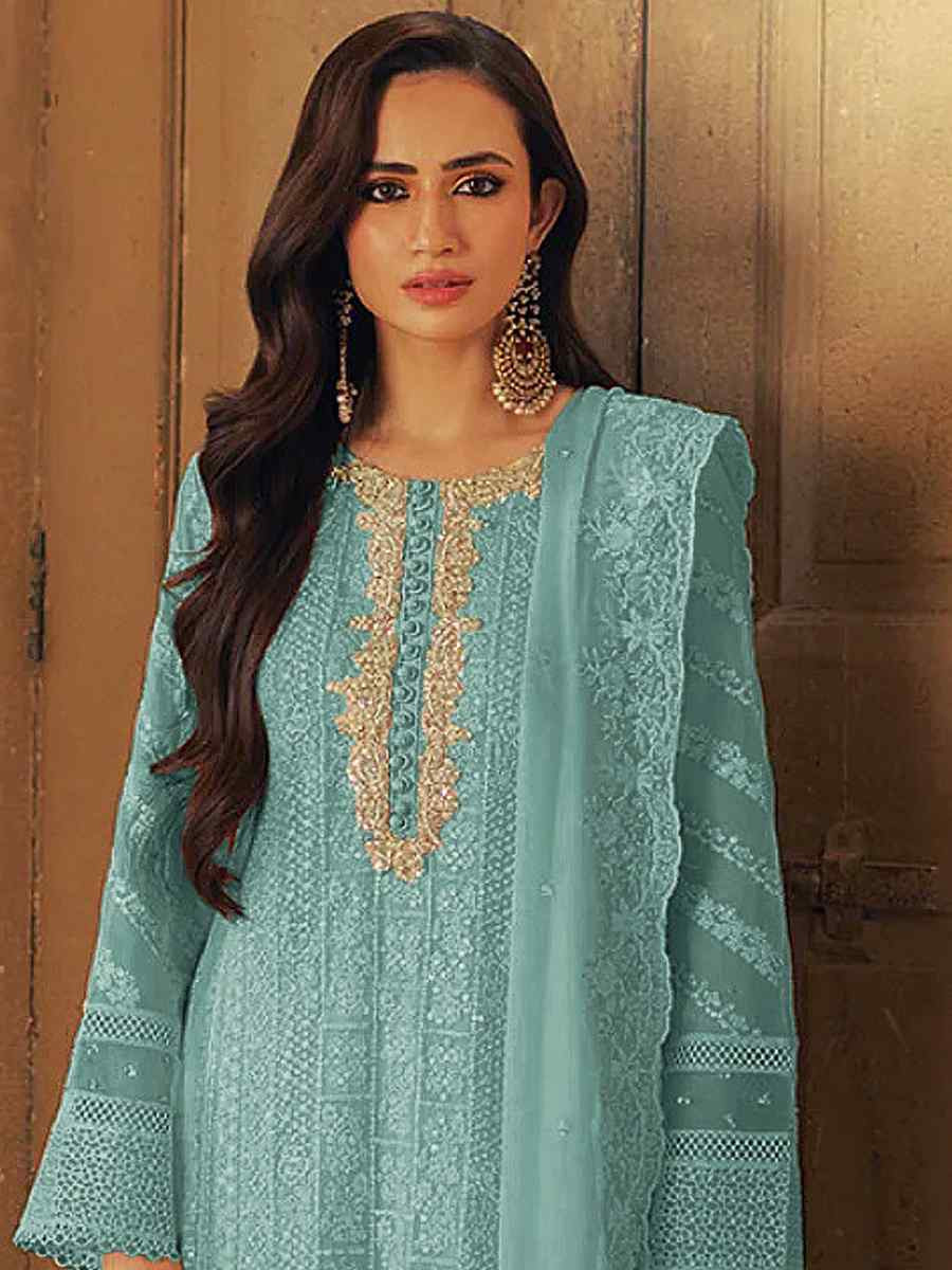 Sky Blue Faux Georgette Embroidered Festival Wedding Pant Salwar Kameez