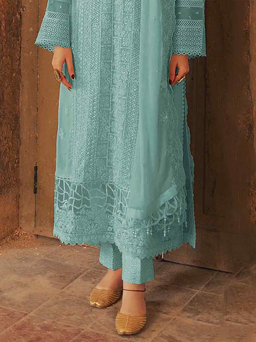 Sky Blue Faux Georgette Embroidered Festival Wedding Pant Salwar Kameez