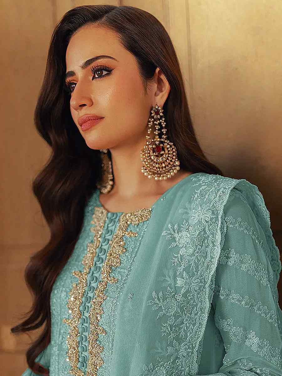 Sky Blue Faux Georgette Embroidered Festival Wedding Pant Salwar Kameez