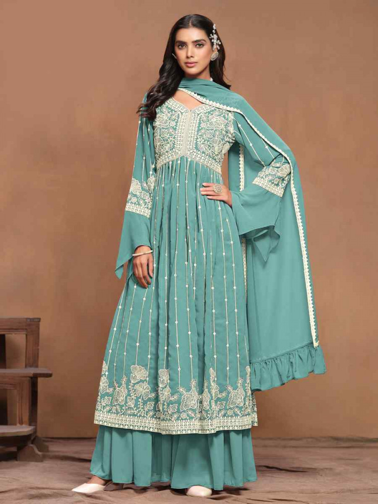 Sky Blue Faux Georgette Embroidered Festival Wedding Sharara Pant Salwar Kameez