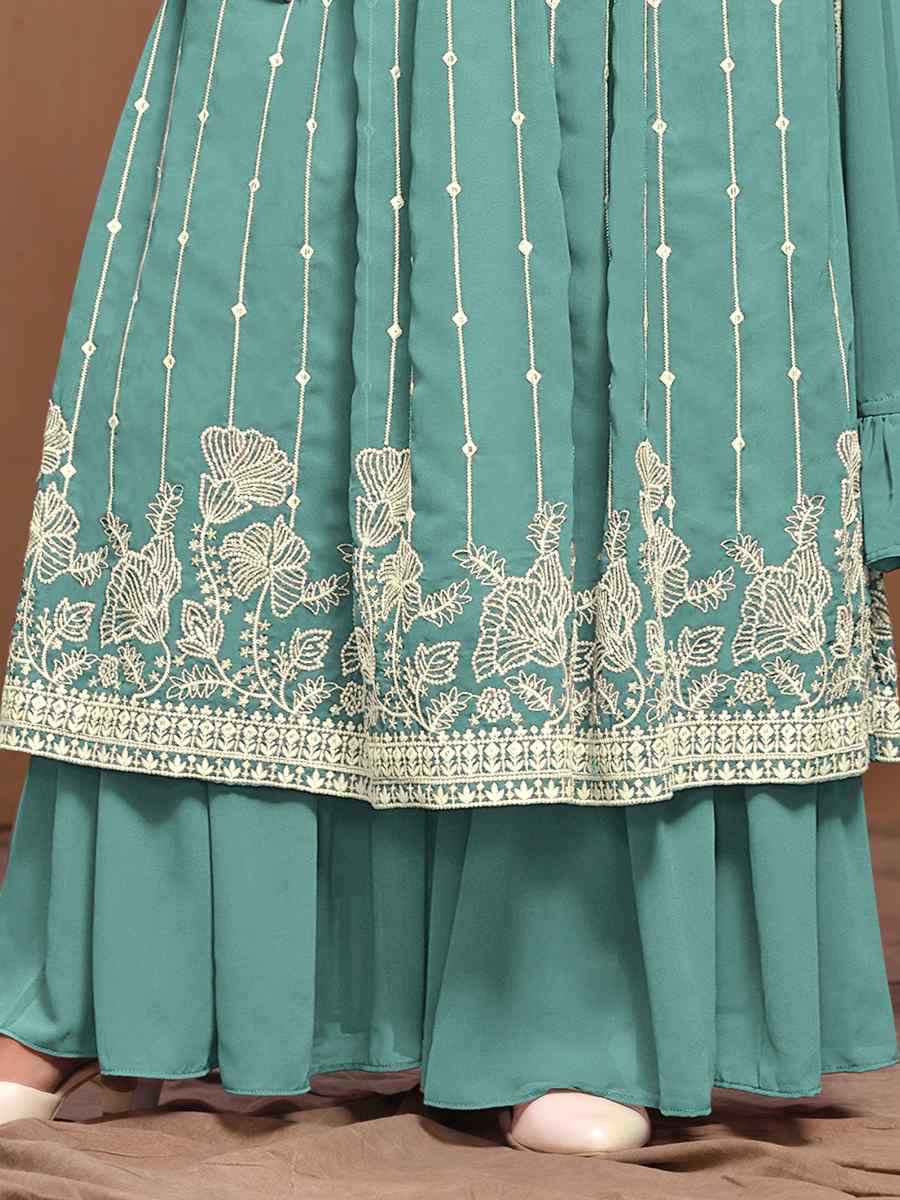 Sky Blue Faux Georgette Embroidered Festival Wedding Sharara Pant Salwar Kameez