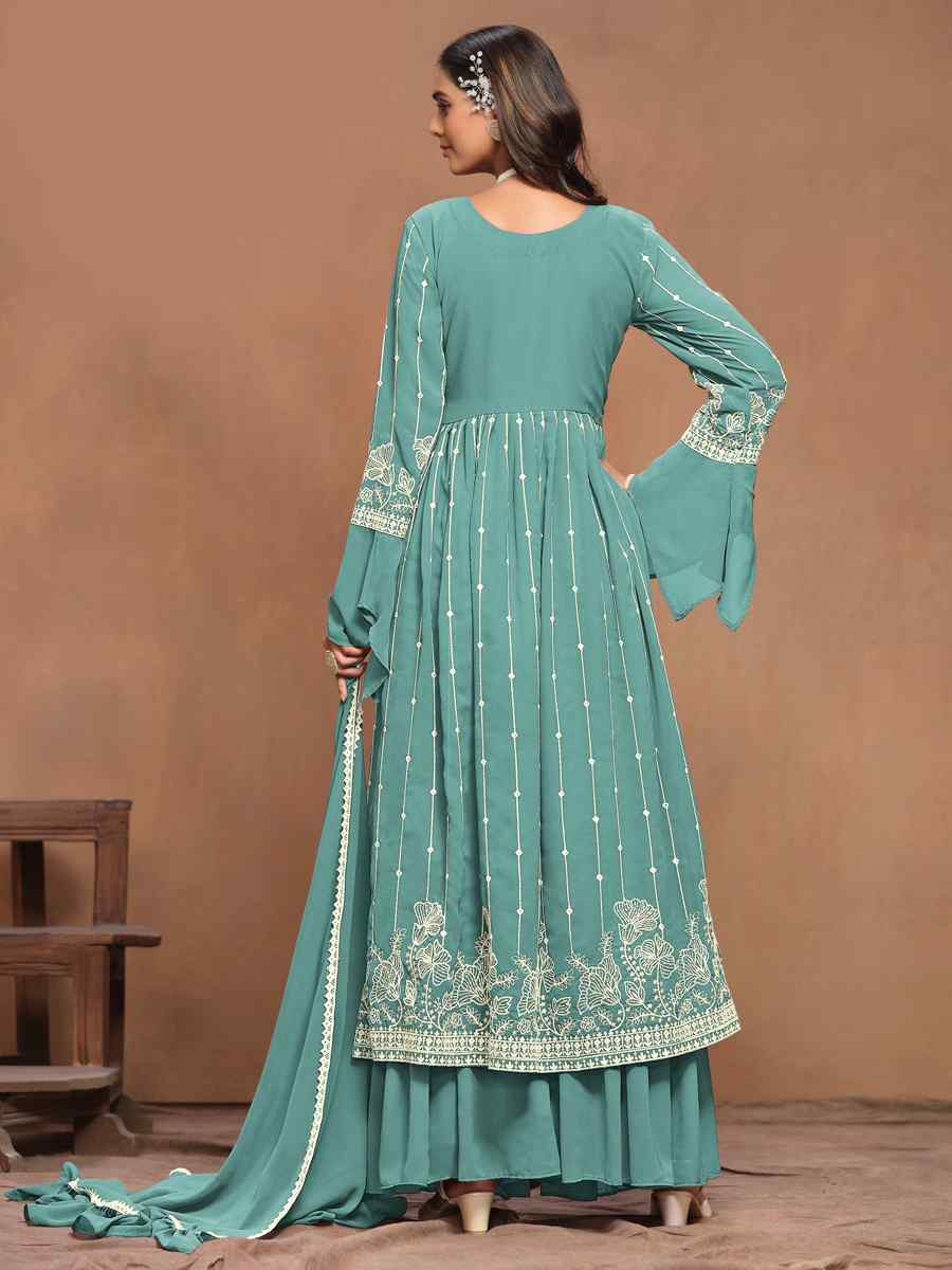 Sky Blue Faux Georgette Embroidered Festival Wedding Sharara Pant Salwar Kameez