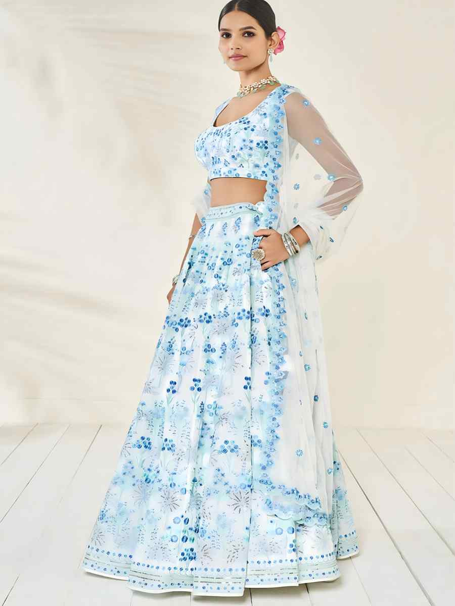 Sky Blue Faux Georgette Embroidered Wedding Festival Heavy Border Lehenga Choli