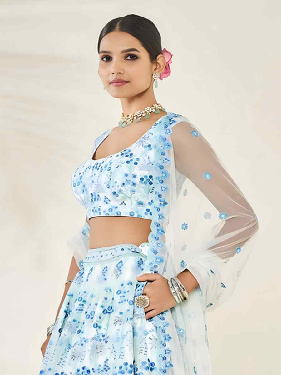 Sky Blue Faux Georgette Embroidered Wedding Festival Heavy Border Lehenga Choli