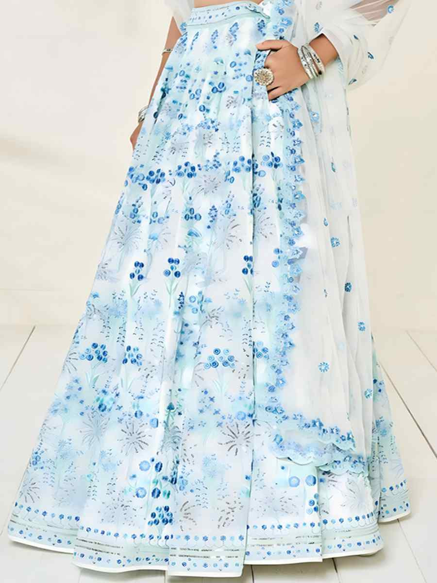 Sky Blue Faux Georgette Embroidered Wedding Festival Heavy Border Lehenga Choli