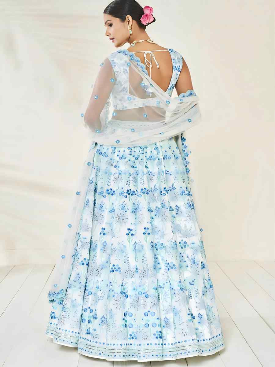 Sky Blue Faux Georgette Embroidered Wedding Festival Heavy Border Lehenga Choli