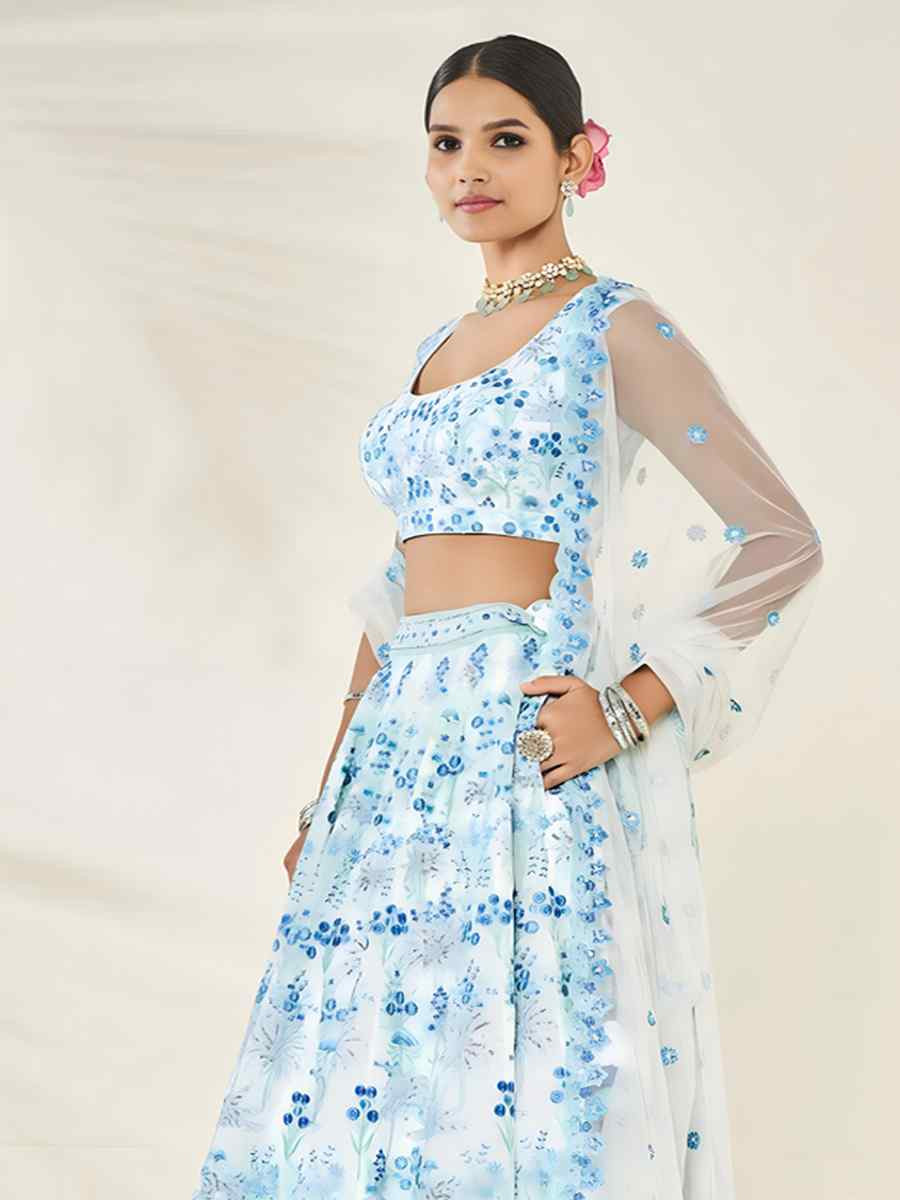 Sky Blue Faux Georgette Embroidered Wedding Festival Heavy Border Lehenga Choli