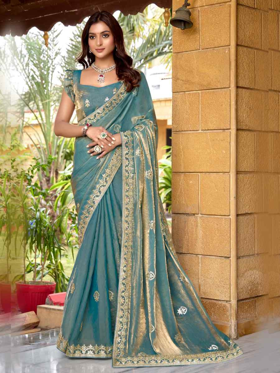 Sky Blue Fendi Chiffon Embroidered Casual Festival Wedding Heavy Border Saree