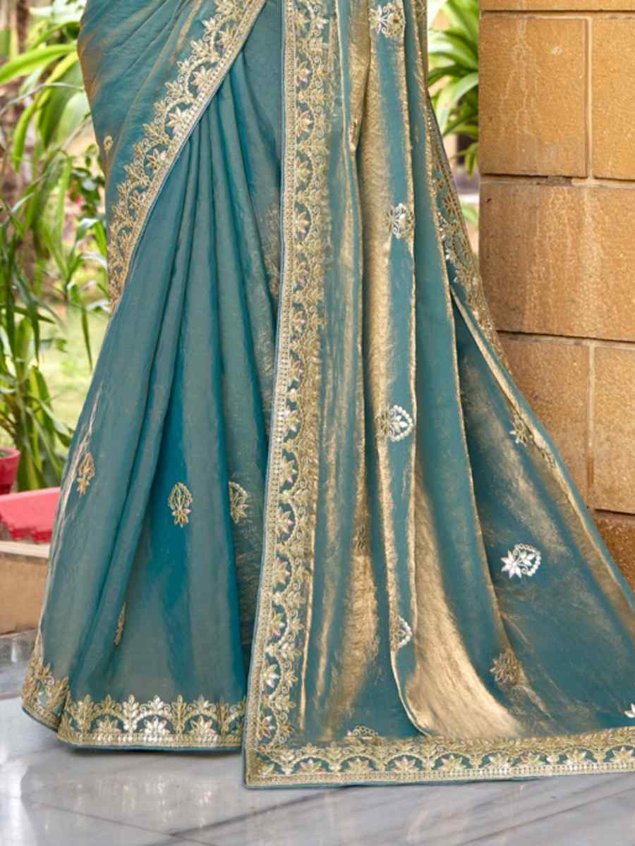 Sky Blue Fendi Chiffon Embroidered Casual Festival Wedding Heavy Border Saree