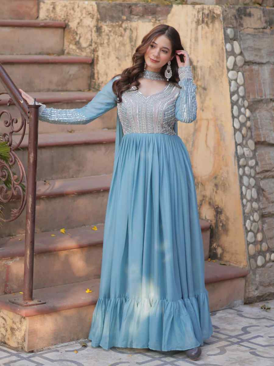 Sky Blue Georgette Embroidered Festival Casual Gown