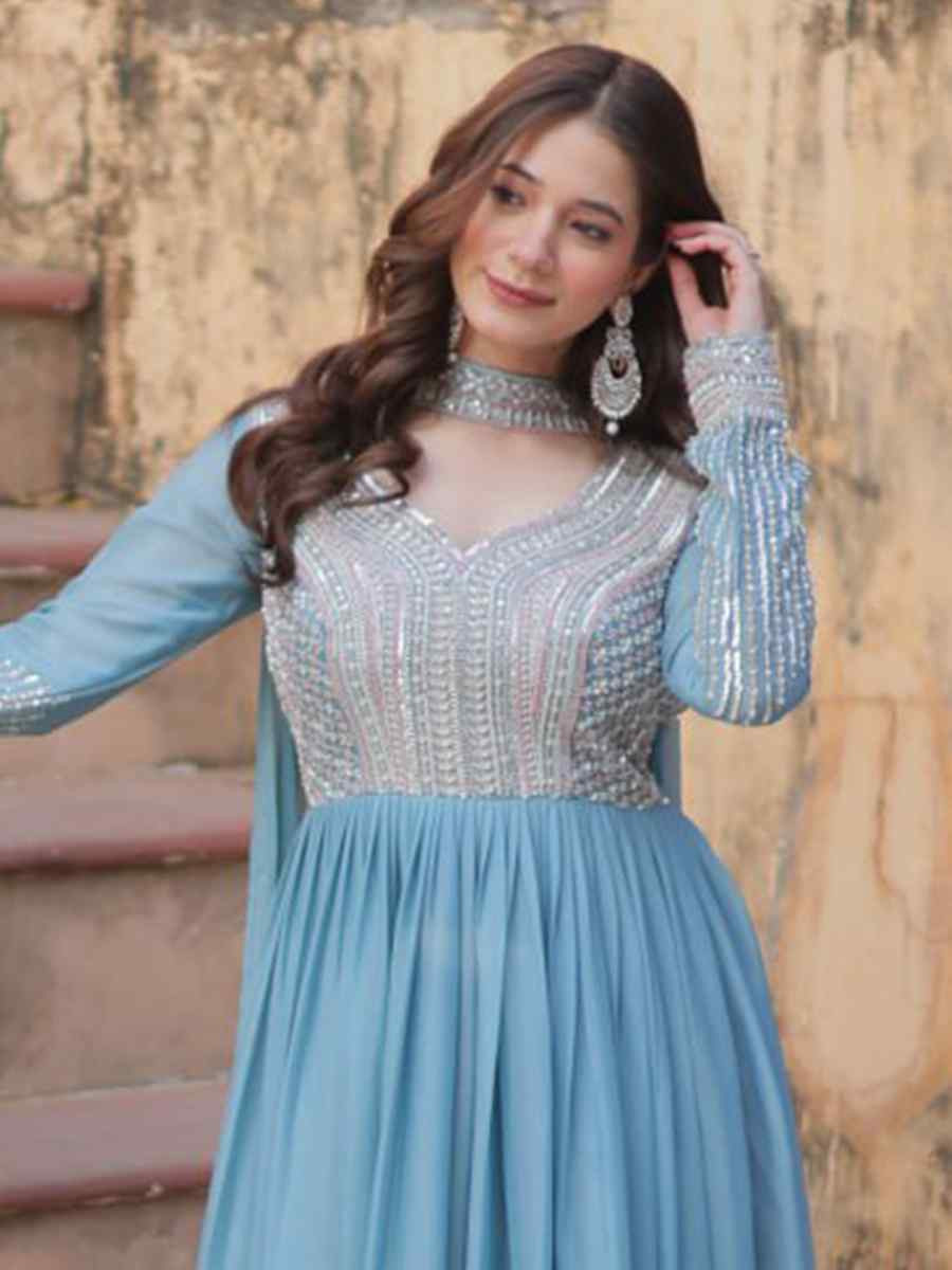 Sky Blue Georgette Embroidered Festival Casual Gown