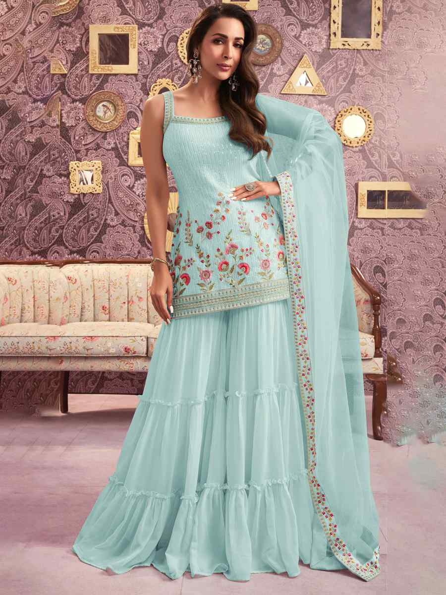 Sky Blue Georgette Embroidered Festival Wedding Ready Sharara Pant Salwar Kameez