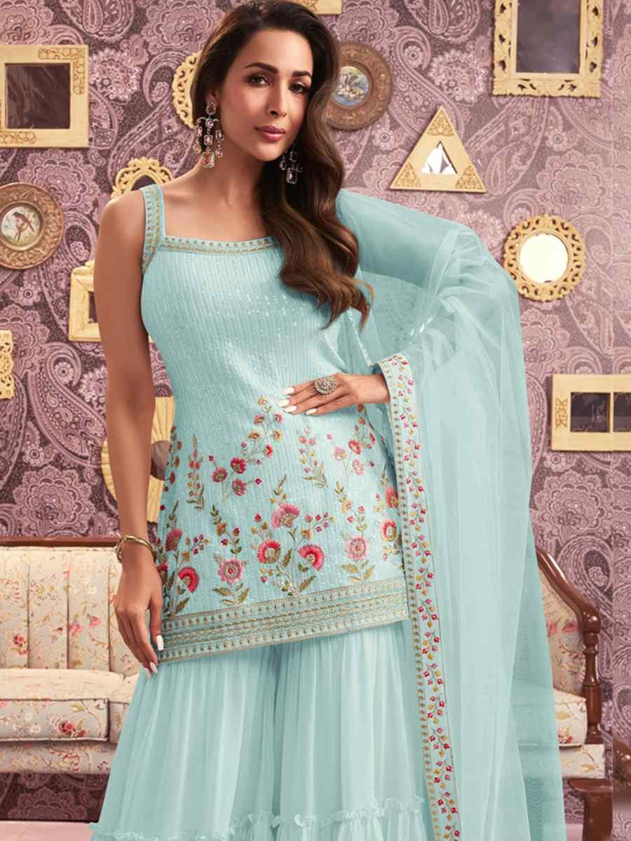 Sky Blue Georgette Embroidered Festival Wedding Ready Sharara Pant Salwar Kameez