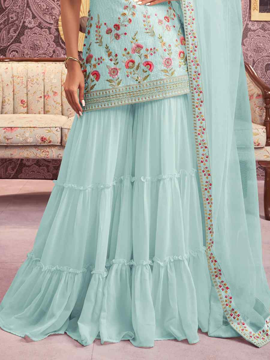 Sky Blue Georgette Embroidered Festival Wedding Ready Sharara Pant Salwar Kameez