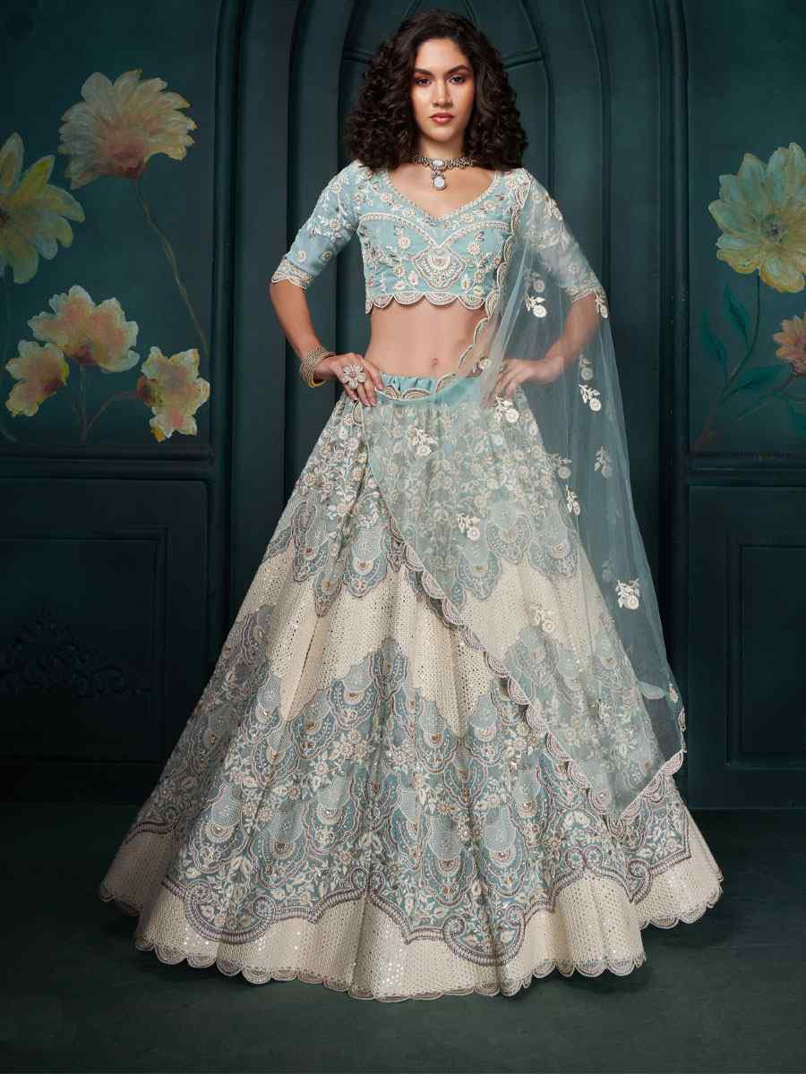 Sky Blue Georgette Embroidered Wedding Festival Heavy Border Lehenga Choli